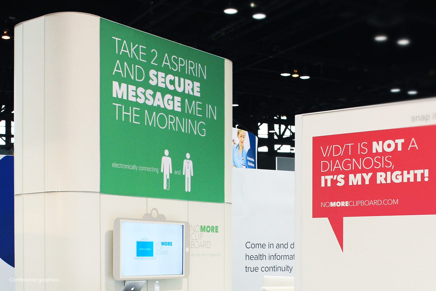 Booth panels with humor-driven healthcare messaging