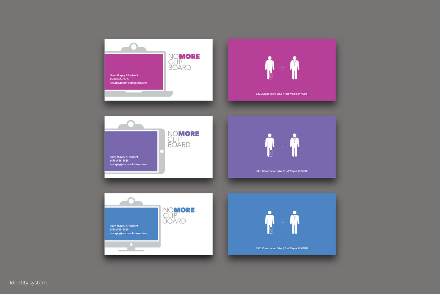 NoMoreClipboard business card system in three brand colors