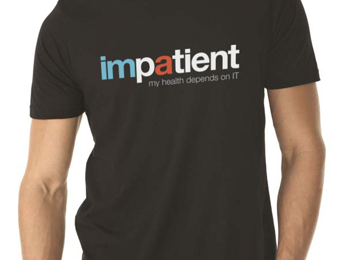 A black t-shirt reading impatient, my health depends on IT