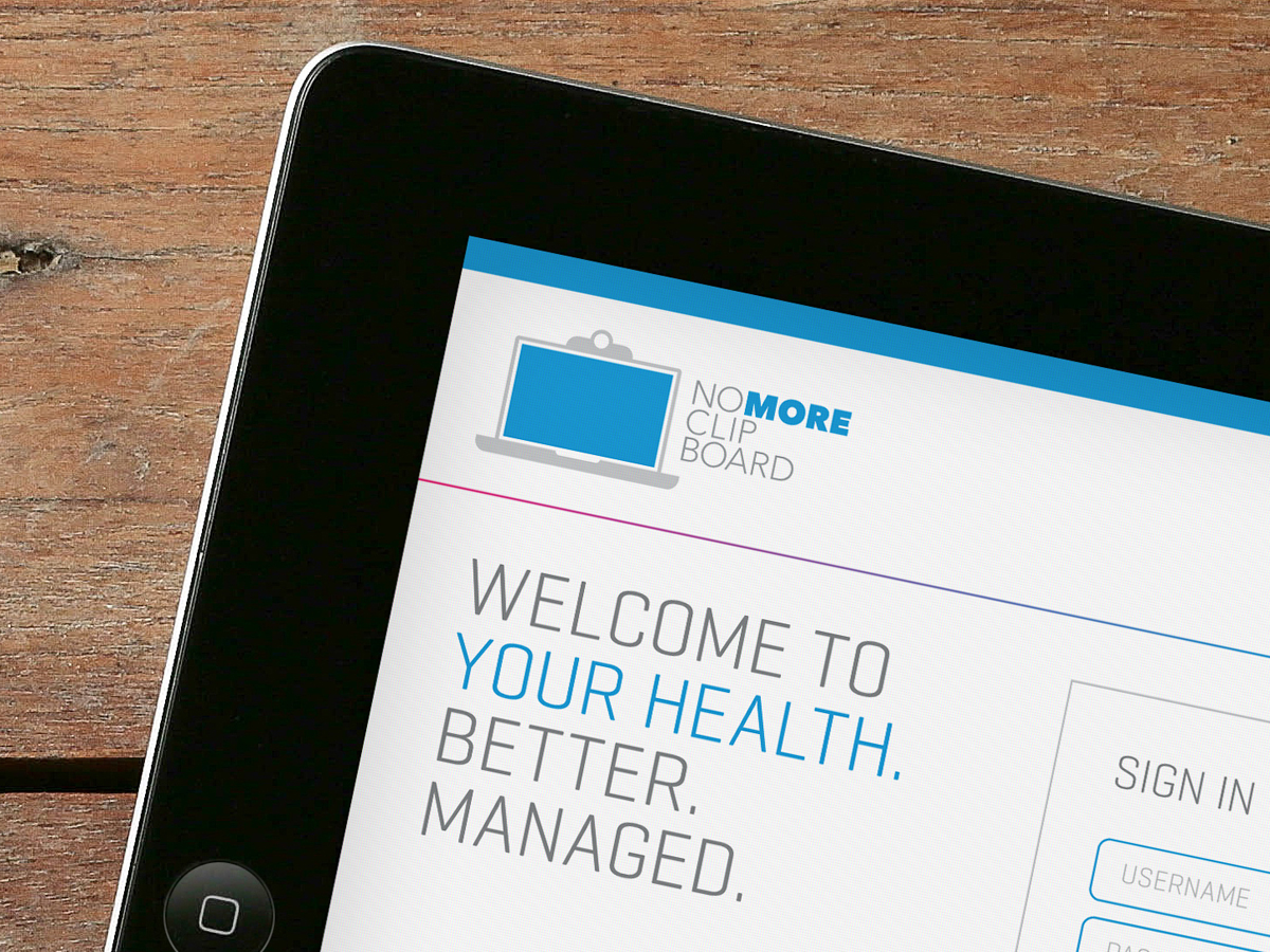 A tablet screen reading Welcome to your health, better managed, for NoMoreClipboard