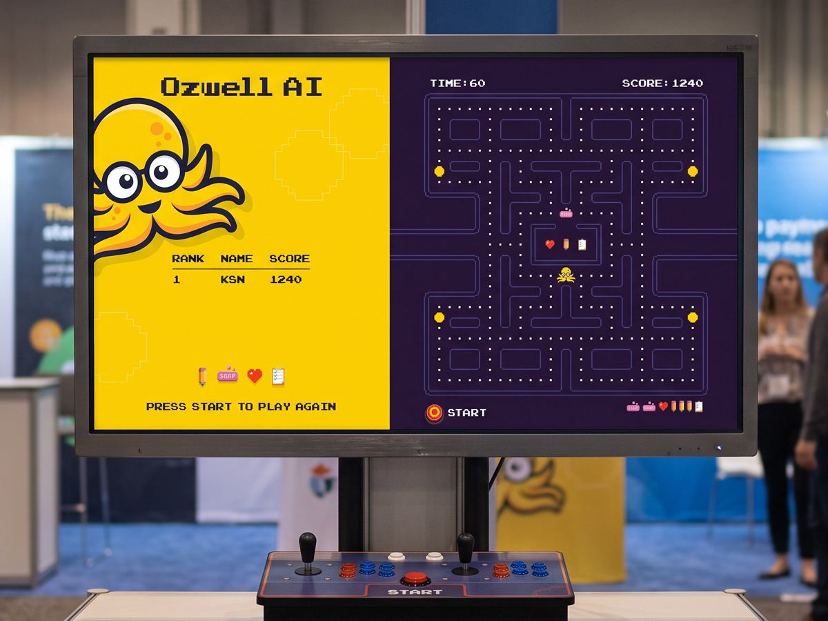 An arcade cabinet running an Ozwell AI-branded Pac-Man-style game at a trade show booth