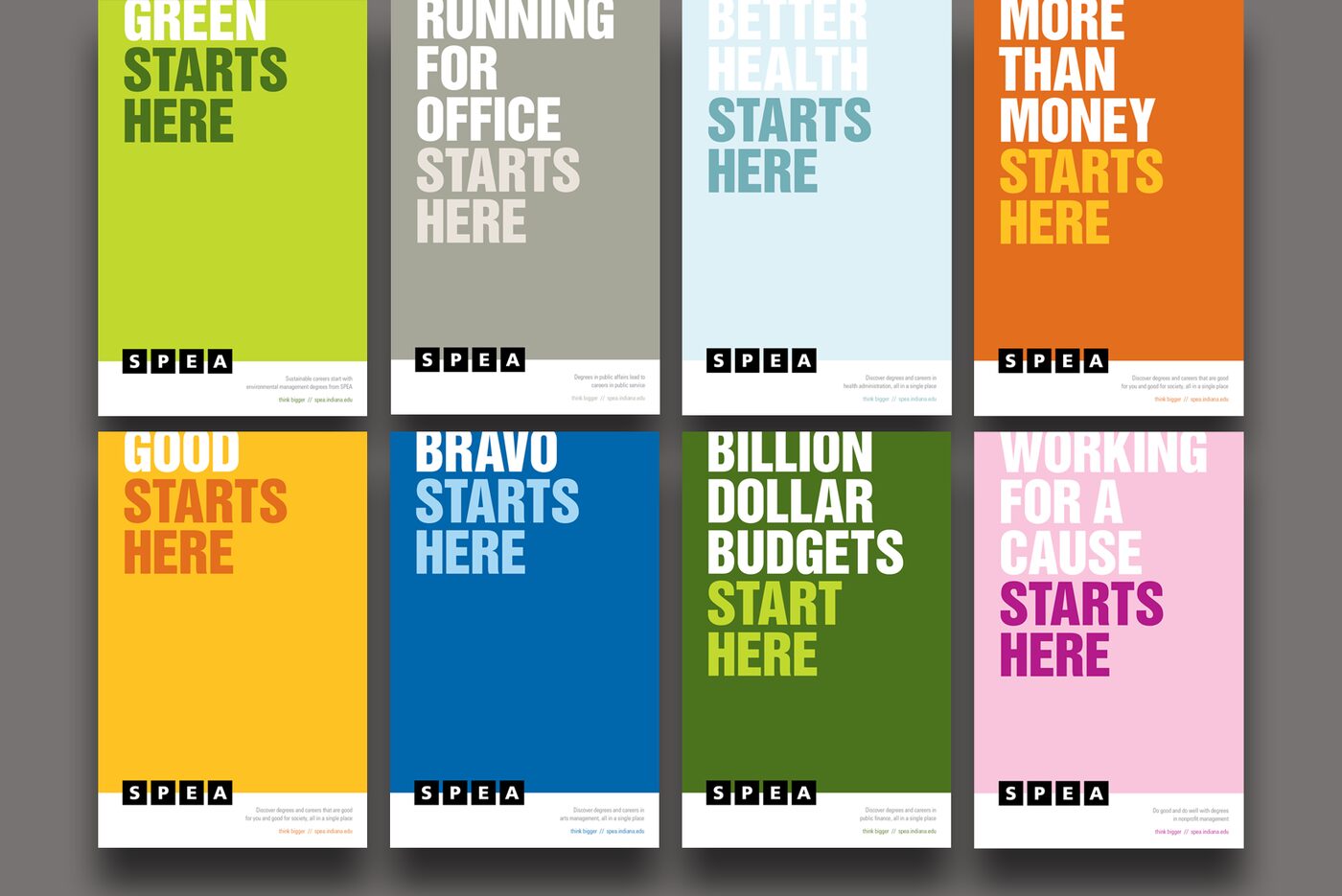 Grid of eight SPEA Starts Here posters