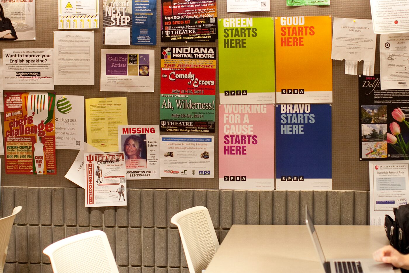 SPEA posters pinned to a campus bulletin board