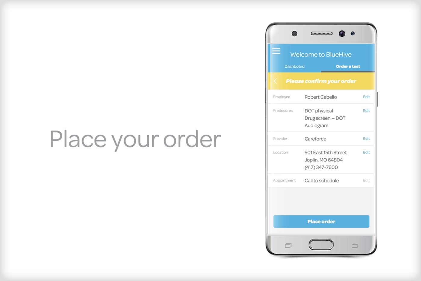 BlueHive order confirmation screen, alternate crop