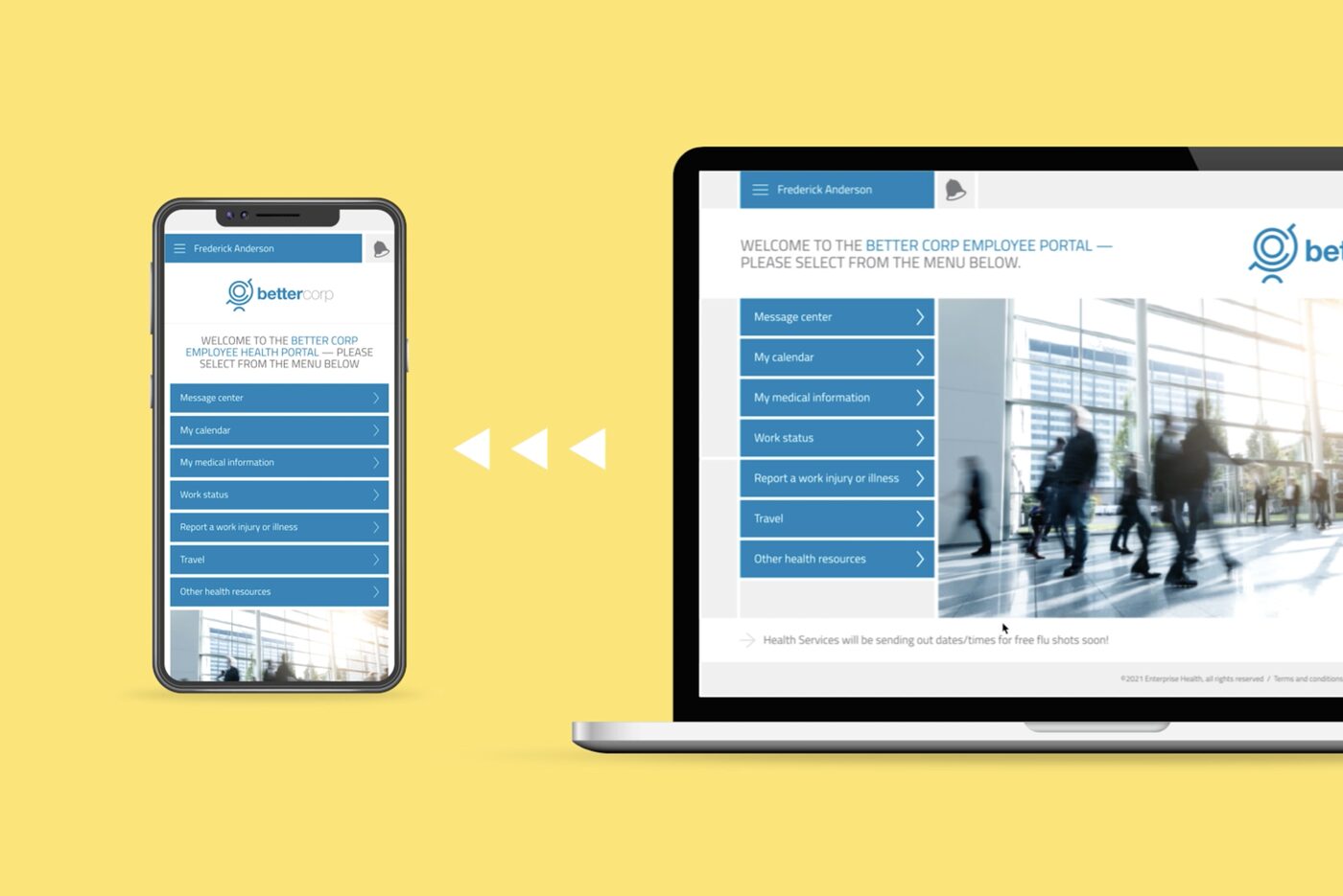 BetterCorp portal shown responsively on phone and desktop