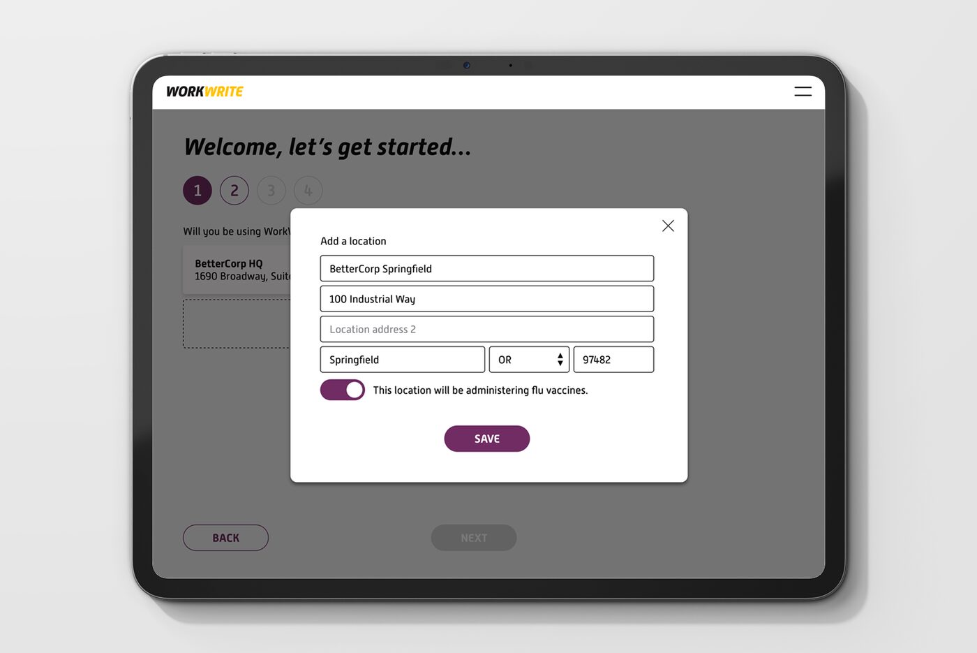 WorkWrite onboarding, adding a location