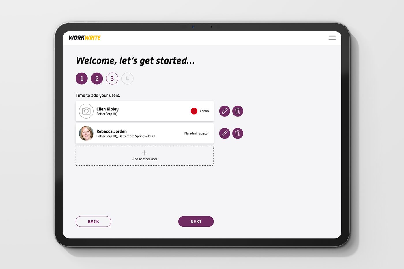 WorkWrite onboarding, adding users
