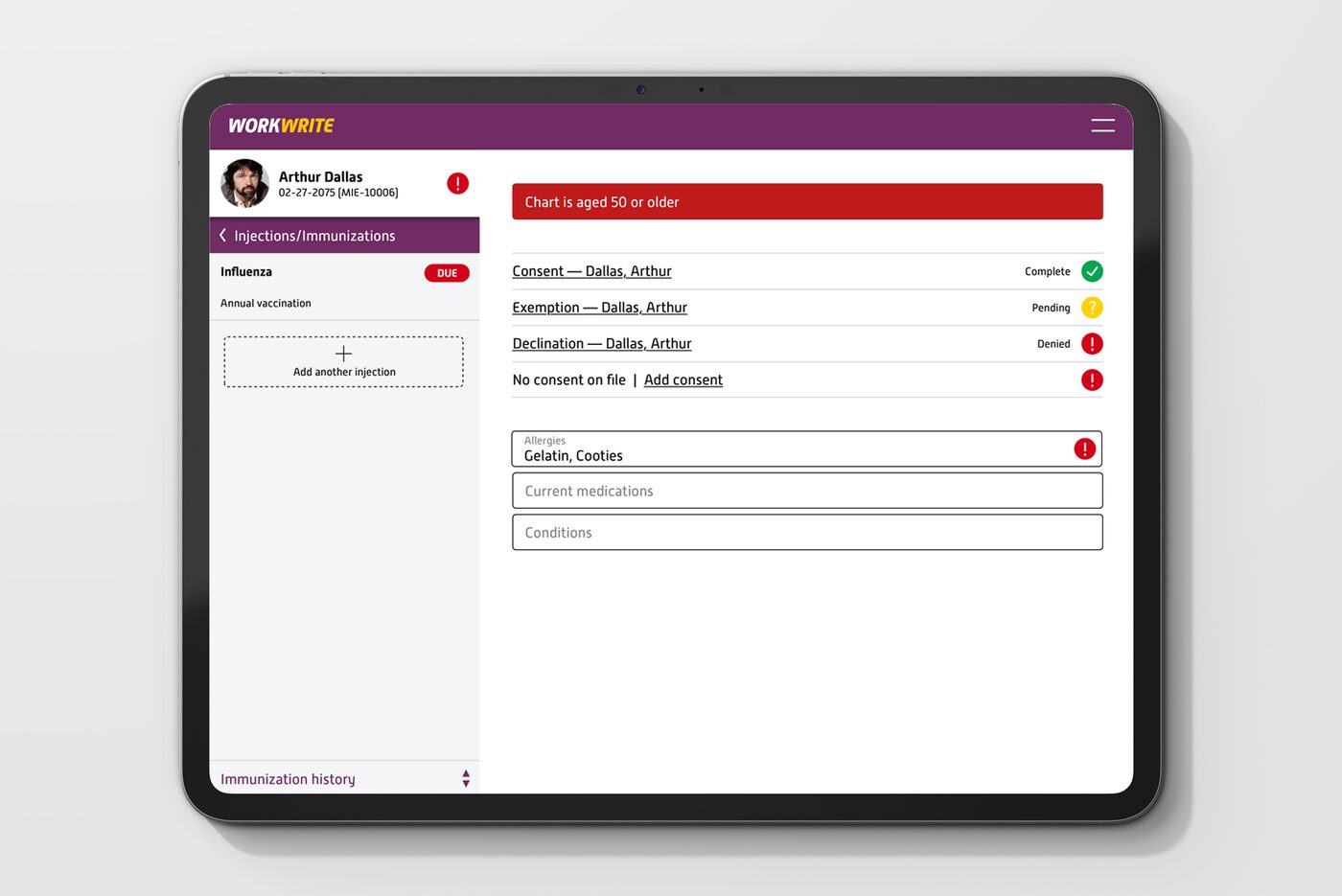 WorkWrite patient chart with alerts and consent tracking